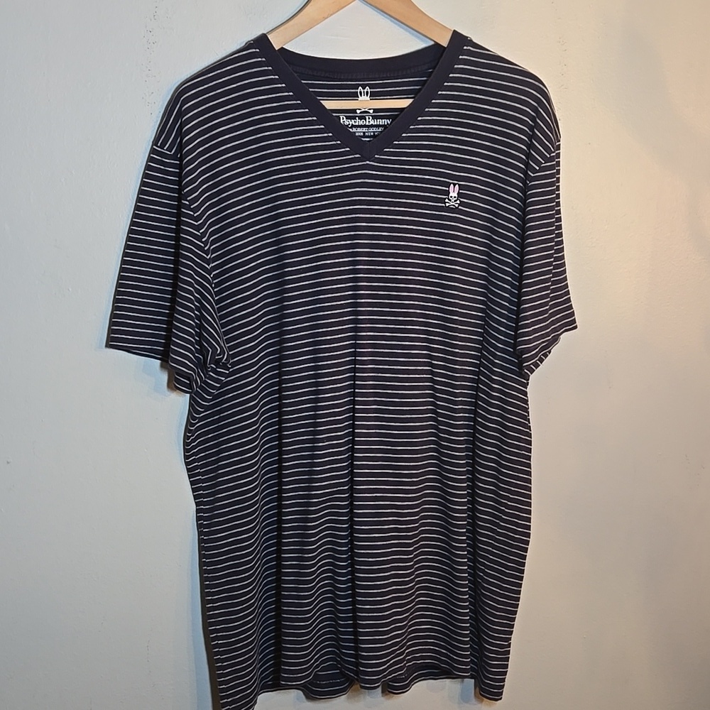 Psyco Bunny Men's Navy Striped V-Neck Pima Cotton T- Shirt NWOT